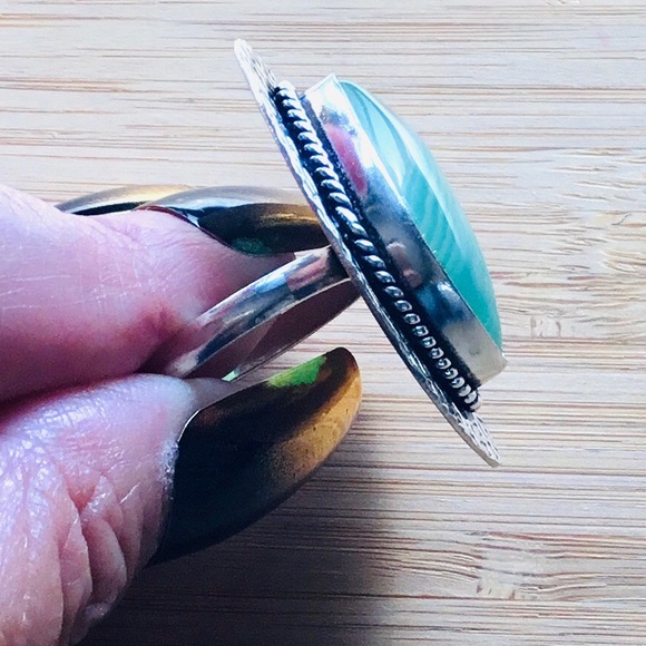 Teal Green Botswana Agate Blended Gemstone Ring Cats Eye Size 9.3/4 - Picture 4 of 7